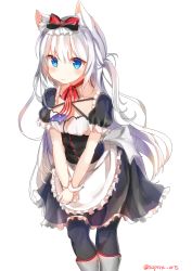 Rule 34 | 1girl, american flag, animal ears, azur lane, blue eyes, blush, bow, closed mouth, hair bow, hammann (azur lane), highres, long hair, looking at viewer, maid, puffy short sleeves, puffy sleeves, red bow, short sleeves, simple background, solo, standing, supera, twitter username, white background, white hair