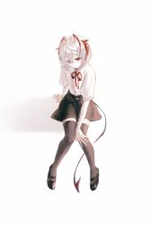 Rule 34 | 1girl, absurdres, ahoge, antennae, arknights, black footwear, black skirt, black thighhighs, collared shirt, demon girl, demon horns, demon tail, flats, grey hair, hair between eyes, highres, horns, invisible chair, looking at viewer, neck ribbon, red eyes, red ribbon, ribbon, school uniform, shirt, short hair, simple background, sitting, skirt, solo, tail, thighhighs, w (arknights), white background, white shirt, yunluo, zettai ryouiki