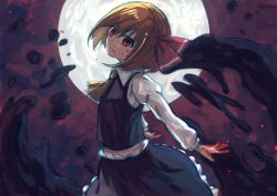Rule 34 | 1girl, ascot, berabou, blonde hair, blood, blood on face, blood on hands, dark, darkness, full moon, hair ribbon, image sample, long sleeves, looking at viewer, md5 mismatch, moon, night, night sky, puffy sleeves, red eyes, resized, resolution mismatch, ribbon, rumia, shirt, short hair, skirt, skirt set, sky, smile, solo, source larger, touhou, upper body, vest