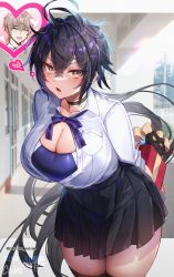 Rule 34 | 1boy, 1girl, arms behind back, black choker, black hair, black skirt, black thighhighs, blush, breast pocket, breasts, brown hair, choker, cleavage, closed eyes, collared shirt, commentary, commentary request, gift, heart, highres, hwansang jungdog, large breasts, long sleeves, looking at viewer, original, parted lips, pocket, shirt, shirt tucked in, short hair, skirt, solo focus, swimsuit, swimsuit under clothes, thighhighs, thighs, white shirt, yellow eyes