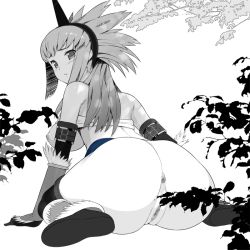 Rule 34 | 1girl, anus, arm support, ass, back, bandeau, blush, boots, bottomless, breasts, capcom, censored, clothes lift, detached sleeves, embarrassed, from behind, fur trim, greyscale, hairband, horns, huge ass, kirin (armor), kneehighs, large breasts, leaf, leaning forward, leg warmers, long hair, looking back, monochrome, monster hunter (series), mosaic censoring, munashi mujou, nature, nipples, nude, outdoors, public indecency, pussy, shirt lift, single horn, sitting, socks, solo, spiked hair, strap, thigh boots, thighhighs, wariza