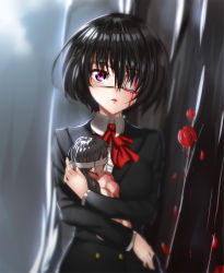 Rule 34 | 10s, 1girl, another, bad id, bad pixiv id, bandages, black hair, blood, blood on face, bow, doll, hugging doll, eyepatch, highres, hk (hk), long sleeves, misaki mei, hugging object, parted lips, petals, purple eyes, school uniform, short hair, solo