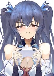 Rule 34 | 1girl, absurdres, bare shoulders, bimmy, black hair, blush, bow, breasts, bridal gauntlets, cleavage, controller, detached collar, game controller, hair between eyes, hair bow, highres, holding, holding controller, holding game controller, long hair, looking at viewer, medium breasts, neptune (series), noire (neptunia), pout, red eyes, sidelocks, simple background, solo, twintails, white background