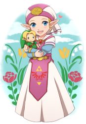 Rule 34 | 1girl, bad id, bad pixiv id, blonde hair, blue eyes, character doll, child, flower, hat, heart, link, nintendo, princess zelda, riko (sorube), smile, solo, the legend of zelda, the legend of zelda: ocarina of time, young link, young zelda, aged down