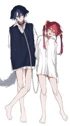 Rule 34 | 2girls, absurdres, animal ears, arms behind back, barefoot, collar, dog ears, dog girl, dog tail, fang, full body, heterochromia, highres, hiodoshi ao, hololive, hololive dev is, houshou marine, leash, multiple girls, oversized clothes, oversized shirt, planetzer 0, shirt, standing, tail, twintails, virtual youtuber, white background, white shirt, yuri