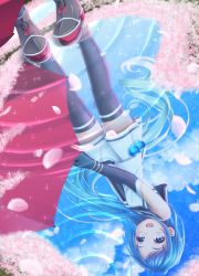 Rule 34 | 10s, 1girl, :d, black gloves, black neckerchief, black thighhighs, blue eyes, blue hair, blush, cherry blossoms, cloud, cloudy sky, commentary request, day, diffraction spikes, elbow gloves, gloves, gradient hair, hane yoshiyumi, highres, holding, holding umbrella, kantai collection, long hair, looking at viewer, matching hair/eyes, multicolored hair, neckerchief, open mouth, outdoors, red umbrella, reflection, ripples, round teeth, samidare (kancolle), school uniform, serafuku, shirt, skirt, sky, sleeveless, sleeveless shirt, smile, solo, sparkle, swept bangs, teeth, thighhighs, umbrella, very long hair, zettai ryouiki