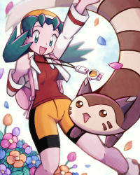 Rule 34 | 1girl, :d, aqua eyes, aqua hair, arm up, backpack, bag, bare legs, bike shorts, breasts, creatures (company), cropped jacket, eyelashes, flower, furret, game freak, gen 2 pokemon, hat, hsngamess, jacket, jumping, kris (pokemon), long sleeves, looking at another, looking at viewer, nintendo, open mouth, petals, pink bag, pokegear, pokemon, pokemon (creature), pokemon gsc, red shirt, shirt, shorts, simple background, small breasts, smile, standing, twintails, white background, white jacket, yellow headwear, yellow shorts