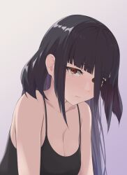 Rule 34 | 1girl, absurdres, alternate costume, black camisole, black hair, breasts, camisole, cleavage, closed mouth, expressionless, fukayama (0ppaityuki), gradient background, hair between eyes, highres, large breasts, long hair, looking at viewer, purple background, red eyes, sidelocks, solo, white background, yamada tae, zombie land saga