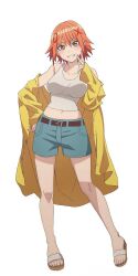 Rule 34 | 1girl, barefoot, blush, character name, collarbone, denim, feet, female focus, full body, hair between eyes, hand on own chin, hand on own hip, head tilt, jacket, jacket partially removed, jeans, legs, looking at viewer, messy hair, navel, no socks, orange hair, pants, pon no michi, sandals, shiny skin, shirt, short hair, shorts, simple background, sleeveless, sleeveless shirt, smile, solo, standing, teeth, tokutomi izumi, white background, white shirt, yellow eyes, yellow jacket