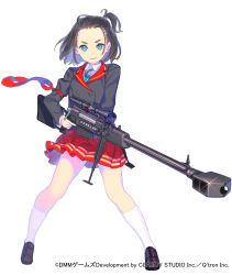 Rule 34 | 1girl, anti-materiel rifle, arm ribbon, bipod, black hair, blazer, blue eyes, blush, bolt action, breasts, buttons, collared shirt, company name, enkyo yuuichirou, full body, glint, gun, half updo, highres, holding, holding gun, holding weapon, jacket, jewelry, kneehighs, legs apart, loafers, long sleeves, looking at viewer, magatama, muzzle device, necklace, official art, pleated skirt, red skirt, ribbon, rifle, school uniform, scope, shirt, shoes, shooting girl, short hair, simple background, skirt, small breasts, sniper rifle, socks, solo, takamagahara kakeru (shooting girl), trigger discipline, weapon, white background, white socks, zastava m93 black arrow