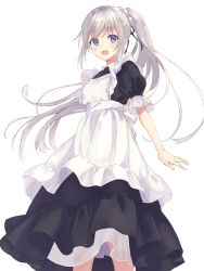 Rule 34 | 1girl, :d, apron, black dress, black ribbon, blue eyes, blush, comic, dress, hair ribbon, highres, long hair, looking at viewer, maid apron, open mouth, original, ponytail, puffy short sleeves, puffy sleeves, ribbon, rimo, short sleeves, sidelocks, silver hair, simple background, smile, solo, very long hair, white apron, white background