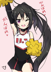 Rule 34 | 1girl, ;d, alternate hairstyle, amano kouki, arm warmers, bare shoulders, black dress, black hair, blush, cheerleader, cross, cross necklace, dress, hair between eyes, high ponytail, highres, jewelry, long hair, necklace, note-chan, one eye closed, open mouth, original, pink background, pleated dress, pom pom (cheerleading), ponytail, purple eyes, simple background, sleeveless, sleeveless dress, smile, solo, standing, standing on one leg, translation request, v-shaped eyebrows, very long hair