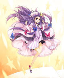 Rule 34 | 1girl, arms up, babydoll, blue ribbon, blush, crescent, dress, female focus, frilled dress, frills, hat, highres, long hair, long sleeves, looking at viewer, open mouth, patchouli knowledge, purple eyes, purple hair, red ribbon, reina (black spider), ribbon, shoes, solo, star (symbol), striped, touhou