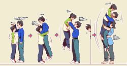 Rule 34 | 3boys, barefoot, belt, black eyes, black hair, blue shirt, blush, brothers, carrying, dougi, dragon ball, dragonball z, father and son, glasses, happy, long sleeves, looking at another, male focus, martial arts belt, multiple boys, nervous, pants, rochiko (bgl6751010), shirt, short hair, siblings, simple background, smile, socks, son gohan, son goku, son goten, spiked hair, sweatdrop, translation request, white background, white shirt, wristand