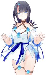 Rule 34 | 1girl, absurdres, bare shoulders, black hair, blue eyes, blue ribbon, blush, breasts, collarbone, fate/grand order, fate/requiem, fate (series), fundoshi, highres, japanese clothes, jewelry, looking at viewer, magatama, magatama hair ornament, magatama necklace, medium breasts, multicolored hair, necklace, pelvic curtain, ribbon, seigaiha, sideless outfit, sidelocks, solo, streaked hair, thighs, utsumi erice, white background, yoosai