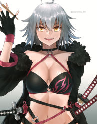 Rule 34 | 1girl, advarcher, ahoge, bikini, black bikini, black choker, black gloves, black jacket, breasts, choker, cleavage, collarbone, fate/grand order, fate (series), fingerless gloves, fur trim, gloves, gradient background, grey hair, halterneck, hand up, highres, jacket, jeanne d&#039;arc alter (swimsuit berserker) (fate), jeanne d&#039;arc (fate), jeanne d&#039;arc alter (fate), jeanne d&#039;arc alter (swimsuit berserker) (fate), katana, large breasts, long sleeves, looking at viewer, navel, nib pen (object), open clothes, open jacket, open mouth, pen, short hair, smile, solo, stomach, swimsuit, sword, upper body, weapon, yellow eyes