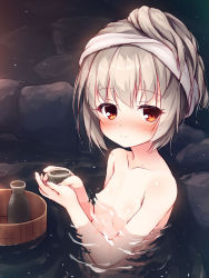 Rule 34 | 1girl, alcohol, blush, breasts, brown hair, character request, choko (cup), collarbone, commentary request, convenient censoring, cup, hair between eyes, highres, holding, holding cup, looking at viewer, nose blush, onsen, partially submerged, red eyes, rock, sake, small breasts, solo, sora no kanata no dystopia, tokkuri, yuku (kiollion)