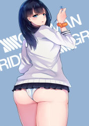 Rule 34 | 10s, 1girl, arm up, ass, text background, black hair, black skirt, blue background, blue eyes, blush, cardigan, commentary request, copyright name, cowboy shot, donggua bing cha, earphones, from behind, gridman universe, highres, hip focus, holding, huge ass, long hair, long sleeves, looking at viewer, looking back, microskirt, open mouth, panties, pantyshot, pleated skirt, school uniform, scrunchie, skirt, solo, ssss.gridman, standing, takarada rikka, thick thighs, thighs, underwear, upskirt, v-shaped eyebrows, white cardigan, wide hips, wrist scrunchie
