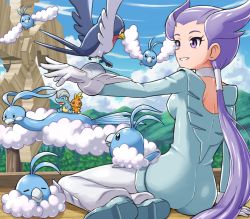 Rule 34 | 1girl, altaria, bagon, breasts, cloud, creatures (company), day, eyelashes, game freak, gen 3 pokemon, gloves, gym leader, hair tie, long hair, looking at another, nintendo, outdoors, parted lips, pokemoa, pokemon, pokemon (creature), pokemon oras, ponytail, purple eyes, purple hair, riding, riding pokemon, shoulder blades, sitting, sky, smile, swablu, taillow, teeth, torchic, tree, very long hair, white gloves, winona (pokemon)