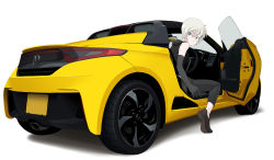 Rule 34 | 1girl, blue eyes, commentary request, elbow gloves, female focus, full body, gloves, hair between eyes, hair ornament, hairclip, highres, honda, honda s660, looking at viewer, motor vehicle, original, shoes, short hair, simple background, solo, tomcat, vehicle, white background, white hair