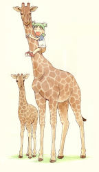 Rule 34 | ^ ^, absurdres, child, closed eyes, giraffe, highres, koiwai yotsuba, quad tails, riding, simple background, yellow background, yotsubato!
