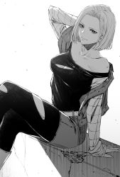 Rule 34 | 1girl, android 18, arm behind head, boots, breasts, commentary, denim, denim skirt, denim vest, dragon ball, dragonball z, earrings, english commentary, greyscale, highres, jewelry, looking at viewer, monochrome, mugetsu2501, off shoulder, pantyhose, shirt, sitting, skirt, solo, striped clothes, striped shirt, torn clothes, torn pantyhose, torn shirt
