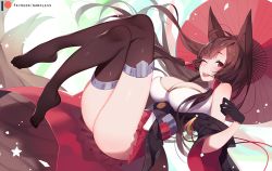 Rule 34 | 1girl, ;p, akagi (azur lane), animal ears, azur lane, bare shoulders, black gloves, black kimono, black thighhighs, breasts, brown hair, commentary, crossed legs, english commentary, fox ears, gloves, hair tubes, japanese clothes, kimono, large breasts, long hair, looking at viewer, nanoless, no shoes, oil-paper umbrella, one eye closed, patreon username, red eyes, red skirt, skirt, solo, thighhighs, tongue, tongue out, umbrella, wide sleeves