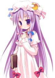 Rule 34 | 1girl, blush, book, bow, cowboy shot, crescent, crescent hat ornament, eyebrows, female focus, grimoire, hair bow, hat, hat ornament, holding, holding book, long hair, long sleeves, looking at viewer, meito (maze), mob cap, multiple hair bows, patchouli knowledge, photoshop (medium), pink bow, red bow, sidelocks, solo, tareme, touhou