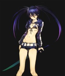 Rule 34 | 1girl, belt, bikini, bikini top only, black background, black hair, black rock shooter, black rock shooter (character), blue eyes, breasts, cleavage, commentary request, expressionless, feet out of frame, front-tie top, hair between eyes, holding, holding sword, holding weapon, jacket, katana, korean commentary, long hair, long sleeves, looking at viewer, midriff, olys, scar, short shorts, shorts, simple background, small breasts, solo, swimsuit, sword, twintails, weapon