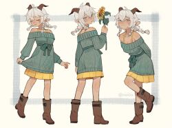 Rule 34 | 1girl, absurdres, ahoge, animal ears, bare shoulders, blue eyes, boots, bra strap, braid, brown footwear, commentary request, dark skin, flower, full body, goat ears, goat girl, goat horns, green sweater, grey background, grey hair, hair between eyes, highres, holding, holding flower, horns, long hair, long sleeves, multiple views, off-shoulder sweater, off shoulder, original, pleated skirt, skirt, standing, sui (suizilla), sunflower, sweater, white hair, yellow skirt