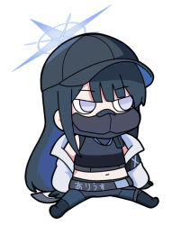 Rule 34 | 1girl, baseball cap, black footwear, black gloves, black hair, black hat, black pants, black shirt, blue archive, blue hair, boots, chibi, crop top, full body, gloves, grey eyes, halo, hat, jacket, knee boots, long hair, long sleeves, mask, midriff, mouth mask, multicolored hair, navel, nyaru (nyaru 4126), open clothes, open jacket, pants, puffy long sleeves, puffy sleeves, saori (blue archive), shirt, simple background, sitting, sleeves past wrists, solo, two-tone hair, v-shaped eyebrows, very long hair, white background, white jacket