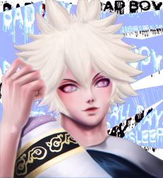 Rule 34 | 1boy, bad id, bad pixiv id, male focus, meitenkun, pillow, pink eyes, portrait, solo, spiked hair, the king of fighters, the king of fighters xiv, toxicface, white hair