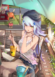 Rule 34 | !, 2girls, alternate costume, bag, bare arms, beret, black hat, blue shorts, blunt bangs, breasts, casual, coat, collarbone, crossed legs, cup, day, dinergate (girls&#039; frontline), drinking straw, facepaint, floating hair, girls&#039; frontline, glass table, green coat, green eyes, hair ornament, hat, highres, hk416 (girls&#039; frontline), holding, holding key, key, kneehighs, lamppost, long hair, looking at viewer, medium breasts, multiple girls, open mouth, outdoors, renze l, road, scenery, shirt, short shorts, shorts, shoulder bag, sidelocks, silver hair, sitting, sitting on object, socks, table, tank top, teardrop, thighs, umbrella, ump9 (girls&#039; frontline), under umbrella, white shirt