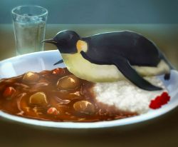 Rule 34 | animal focus, bird, commentary, cup, curry, curry rice, emperor penguin, food, food focus, glass, highres, ice, ice cube, kanopikami, no humans, original, penguin, plate, rice