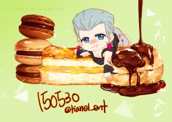 Rule 34 | 1boy, :t, age regression, aged down, barefoot, blue eyes, chibi, child, chocolate syrup, cream puff, earrings, flattop, food, food on face, french toast, fudge, green background, grey hair, jean pierre polnareff, jewelry, jojo no kimyou na bouken, macaron, male focus, oversized clothes, solo, stardust crusaders, syrup, tianel ent