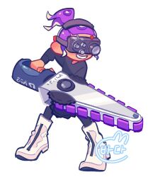 Rule 34 | 1boy, boots, commentary, commission, english commentary, goggles, head-mounted display, high ponytail, holding, holding weapon, nintendo, octoling, octoling boy, octoling player character, purple hair, simple background, smile, solo, splatana stamper (splatoon), splatoon (series), splatoon 3, standing, teeth, tentacle hair, tokkibada, weapon, white background, white footwear