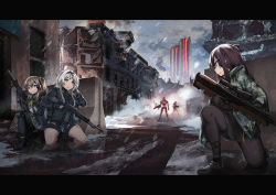 Rule 34 | 3girls, an-94, an-94 (girls&#039; frontline), android, assault rifle, brown hair, bullpup, camouflage, camouflage jacket, city, commentary, crossover, cyborg, english commentary, girls&#039; frontline, gloves, gun, heckler &amp; koch, jacket, kneeling, letterboxed, long hair, military operator, multiple girls, pantyhose, persocon93, purple hair, rifle, ruins, scope, side ponytail, silver hair, sniper rifle, submachine gun, suppressor, terminator (series), trigger discipline, ump45 (girls&#039; frontline), wa2000 (girls&#039; frontline), walther, walther wa 2000, weapon