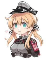 Rule 34 | 1girl, aqua eyes, blonde hair, blush, closed mouth, hair between eyes, hat, kantai collection, long hair, long sleeves, low twintails, lowres, military, military hat, military uniform, peaked cap, portrait, prinz eugen (kancolle), simple background, smile, solo, terrajin, twintails, uniform, white background