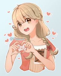 Rule 34 | 1girl, blush, braid, brown eyes, collarbone, dress, faye (fire emblem), fiaherart, fingernails, fire emblem, fire emblem echoes: shadows of valentia, hair between eyes, hair ornament, heart, heart hands, highres, blue background, light brown hair, long hair, nintendo, open mouth, pink dress, red ribbon, ribbon, shadow, simple background, smile, solo, teeth, twitter username, upper body, upper teeth only