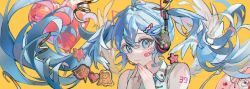 Rule 34 | 1girl, ai kotoba iv (vocaloid), balloon, bandaid, bandaid on face, blue eyes, blue hair, character cookie, collared shirt, cookie, feathered wings, floating hair, food, hatsune miku, heart balloon, looking at viewer, lunar (lunar 815), plate, portrait, shirt, simple background, sleeveless, sleeveless shirt, solo, star-shaped cookie, star-shaped food, star (symbol), twintails, vocaloid, wings, yellow background