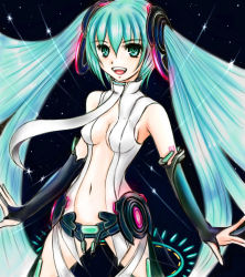 Rule 34 | 00s, 1girl, aqua eyes, aqua hair, arm tattoo, bottomless, breasts, cleavage, convenient censoring, detached sleeves, hatsune miku, long hair, looking at viewer, matching hair/eyes, medium breasts, navel, no bra, open mouth, sideboob, smile, solo, sparkle, standing, taka (pixiv348569), tattoo, traditional media, twintails, vocaloid