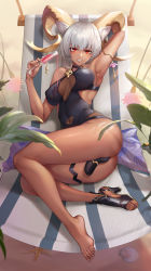 Rule 34 | 1girl, :d, absurdres, animal ears, arknights, arm up, armlet, armpits, ass, barefoot, black footwear, black one-piece swimsuit, breasts, breasts apart, bulge, carnelian (arknights), carnelian (shimmering dew) (arknights), casual one-piece swimsuit, covered navel, cup, dark-skinned female, dark skin, day, full body, futanari, gins, goat ears, goat girl, goat horns, grey hair, hammock, high heels, highres, holding, holding cup, horns, large breasts, lying, official alternate costume, on side, one-piece swimsuit, open mouth, outdoors, parted lips, pillow, plant, pouring, pouring onto self, red eyes, seashell, shell, shoes, short hair, single shoe, smile, solo, starfish, swimsuit, thigh strap, toeless footwear, tucked penis