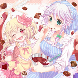 Rule 34 | 2girls, ;d, ahoge, almond, apron, arms up, blonde hair, blue eyes, blush, bowl, braid, breasts, checkerboard cookie, chocolate, chocolate making, cleavage, commentary request, cookie, flandre scarlet, food, food on face, hair ribbon, head scarf, head tilt, holding, holding bowl, izayoi sakuya, licking, licking finger, long sleeves, looking at viewer, looking to the side, medium breasts, mike (mikenekotei), mixing bowl, multiple girls, no wings, one eye closed, open mouth, oven mitts, plaid, plaid skirt, puffy short sleeves, puffy sleeves, red eyes, ribbon, shirt, short hair, short sleeves, side ponytail, silver hair, single braid, skirt, sleeves rolled up, smile, striped apron, striped clothes, teeth, thumb to mouth, touhou, tress ribbon, two-tone background, upper body, upper teeth only, white shirt, yellow apron