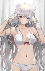 Rule 34 | 1girl, animal ears, arknights, armpits, arms up, bare arms, bare shoulders, bear ears, blue eyes, blush, bow, bow bra, bow panties, bra, breasts, cleavage, closed mouth, collarbone, cowboy shot, groin, hands in hair, heterochromia, highres, long hair, looking at viewer, medium breasts, navel, panties, purple bow, red bow, red eyes, revision, rosa (arknights), silver hair, smile, solo, solokitsune, stomach, underwear, underwear only, very long hair, wavy hair, white bra, white panties