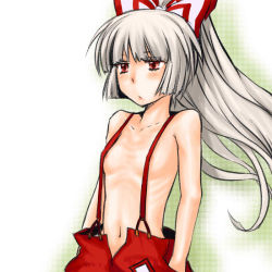 Rule 34 | 1girl, blush, bow, female focus, flat chest, fujiwara no mokou, h sakray, hair bow, hands in pockets, long hair, naked suspenders, navel, ponytail, red eyes, revealing clothes, ribs, sakurai haruto, silver hair, skinny, solo, suspenders, topless, touhou
