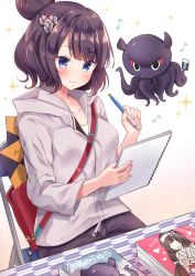 Rule 34 | 1girl, blue eyes, blush, book, brown background, brown hair, chair, contemporary, eraser, fate/grand order, fate (series), gradient background, grey hoodie, hair bun, highres, holding, holding notepad, hood, hoodie, katsushika hokusai (fate), katsushika hokusai (traveling outfit) (fate), long sleeves, masayo (gin no ame), mechanical pencil, musical note, notepad, octopus, official alternate costume, on chair, pencil, single hair bun, sitting, smile, solo, sparkle, sparkle background, white background
