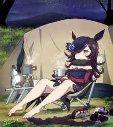 1girl, animal ears, barefoot, black hair, camping, chair, cup, dirty footwear, folding chair, grass, hair over one eye, hat, highres, holding, horse ears, knives (knives777), lantern, legwear removed, long hair, night, night sky, off shoulder, outdoors, purple eyes, rice shower, season connection, shoes removed, sitting, sky, solo, steam, tent, umamusume, yurucamp