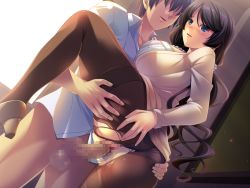 Rule 34 | 1girl, age difference, akino shin, ass, black hair, blue eyes, blush, boku no daisuki na oba-san, bottomless, breasts, censored, clothed sex, clothing aside, eyebrows, game cg, huge breasts, indoors, leg up, legs, long hair, long sleeves, looking at viewer, mosaic censoring, panties, panties aside, pantyhose, parted lips, penis, pussy, raised eyebrows, sex, shinoda ikumi, shiny skin, sideboob, smile, standing, thighs, torn clothes, torn legwear, underwear, vaginal