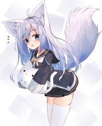 Rule 34 | 1girl, absurdres, ahoge, animal, animal ear fluff, animal ears, black jacket, black sailor collar, black skirt, blue eyes, blush, cat, collarbone, commentary request, fox ears, fox girl, fox tail, hair between eyes, head tilt, highres, holding, holding animal, holding cat, jacket, long hair, long sleeves, looking at viewer, neckerchief, notice lines, open clothes, open jacket, open mouth, original, pleated skirt, sailor collar, school uniform, serafuku, shirt, silver hair, skindentation, skirt, sleeves past wrists, solo, tail, tail raised, tandohark, thighhighs, very long hair, white shirt, white thighhighs, wide sleeves, yellow neckerchief