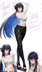 Rule 34 | 1girl, ^ ^, absurdres, armpits, arms behind head, bare shoulders, belt, bite mark, black hair, blue hair, blush, breasts, bridal gauntlets, cleavage, closed eyes, commentary, elbow gloves, english commentary, english text, gloves, grin, heart, heart-shaped pupils, highres, large breasts, long hair, looking at viewer, medium breasts, mole, mole on breast, multicolored hair, multiple views, navel, one eye closed, pubic tattoo, punishing: gray raven, purple eyes, selena (punishing: gray raven), shiwudesu, smile, symbol-shaped pupils, tank top, tattoo, two-tone hair, very long hair, white gloves